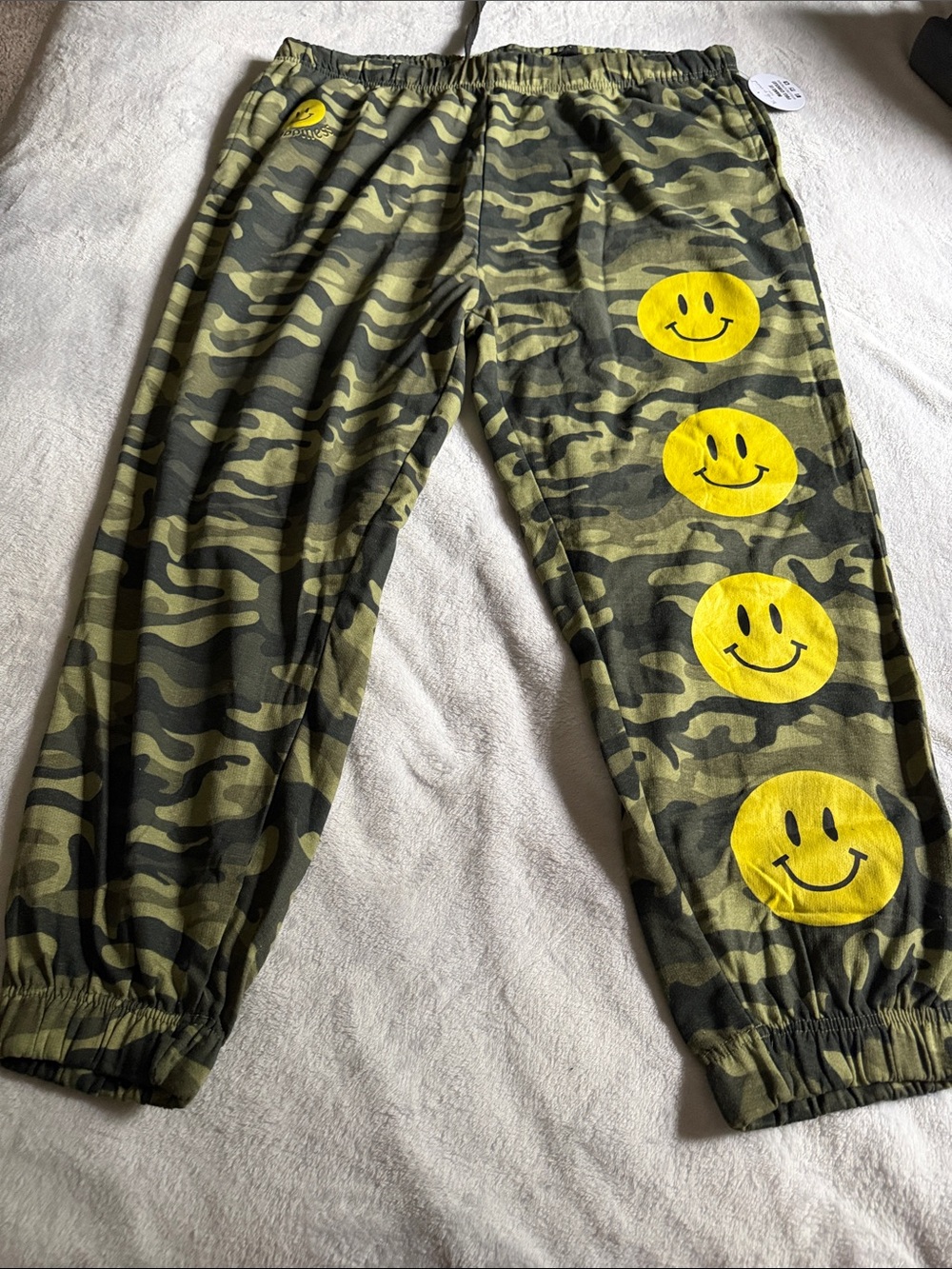 Camo Joggers with Yellow Smiley Faces